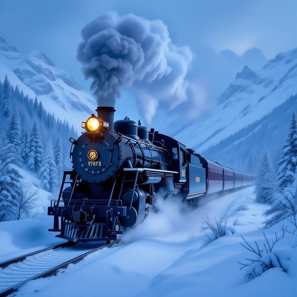 Frosty Steam Train Battles Blizzard in Mountain Pass
