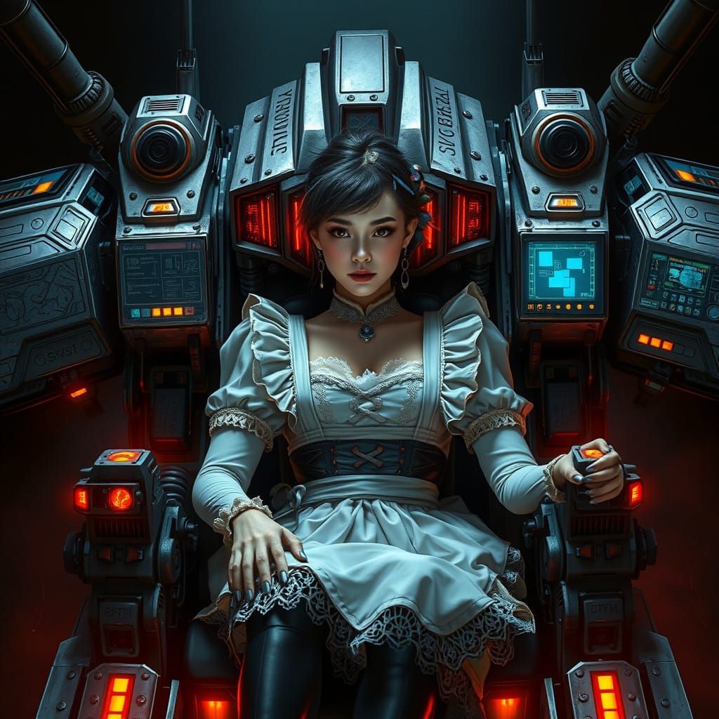 Woman in Maid Outfit Commands Majestic Mecha with Quiet Inte...