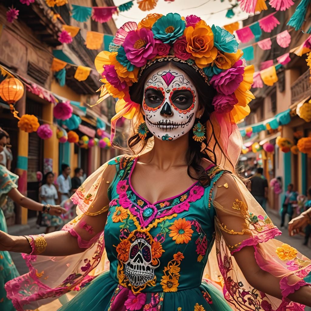 Vibrant Sugar Skull Dancer in Mexican Folk Art Style