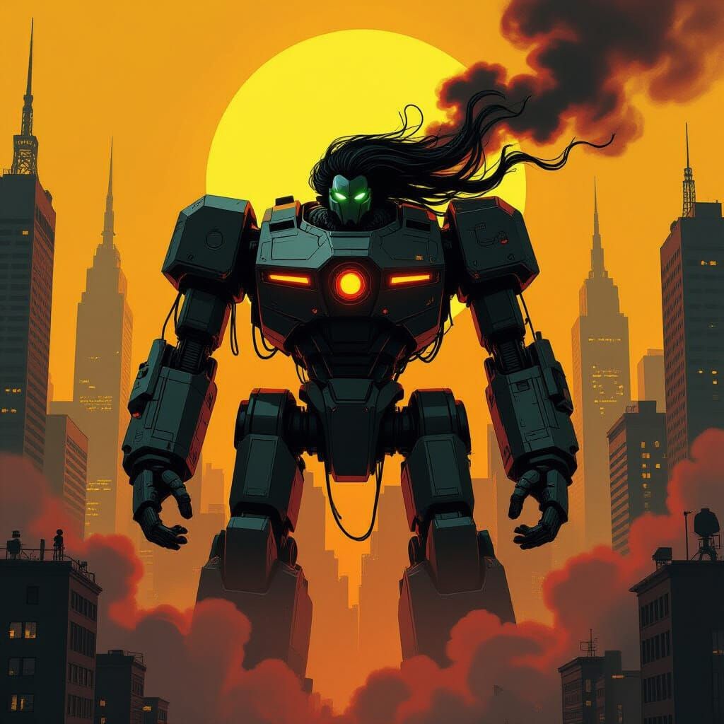 Ominous Robot Exhaling Flames in Futuristic City