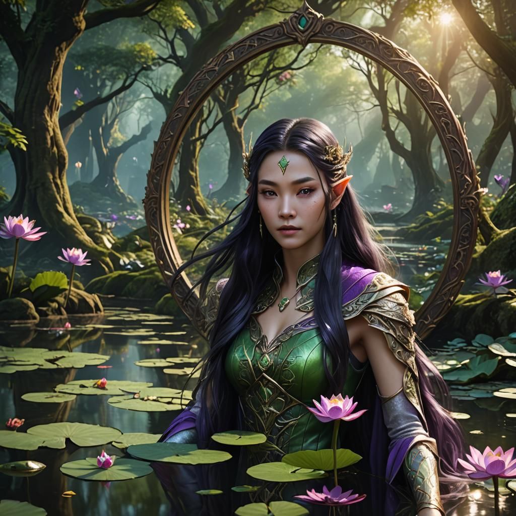 Elven Shadowhunter in Xianxia Style with Lotus Lake