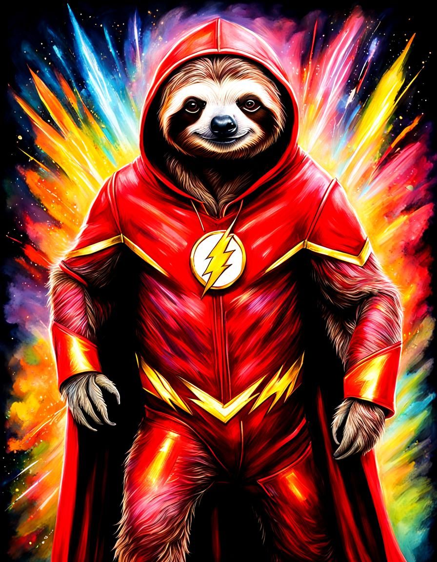 Sloth as The Flash: Detailed Oil Pastel Portrait
