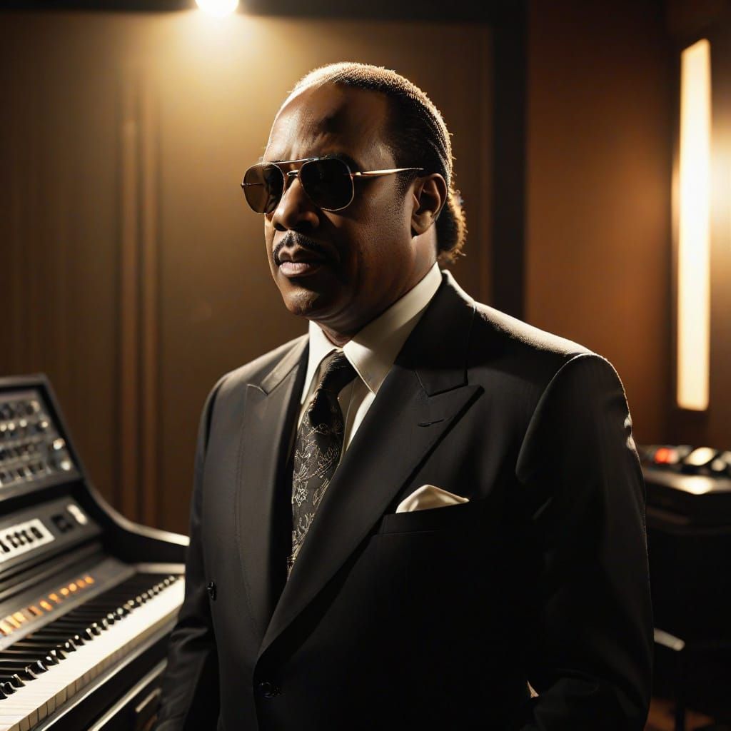 Soulful Legend Stevie Wonder in Moody Film Noir Style