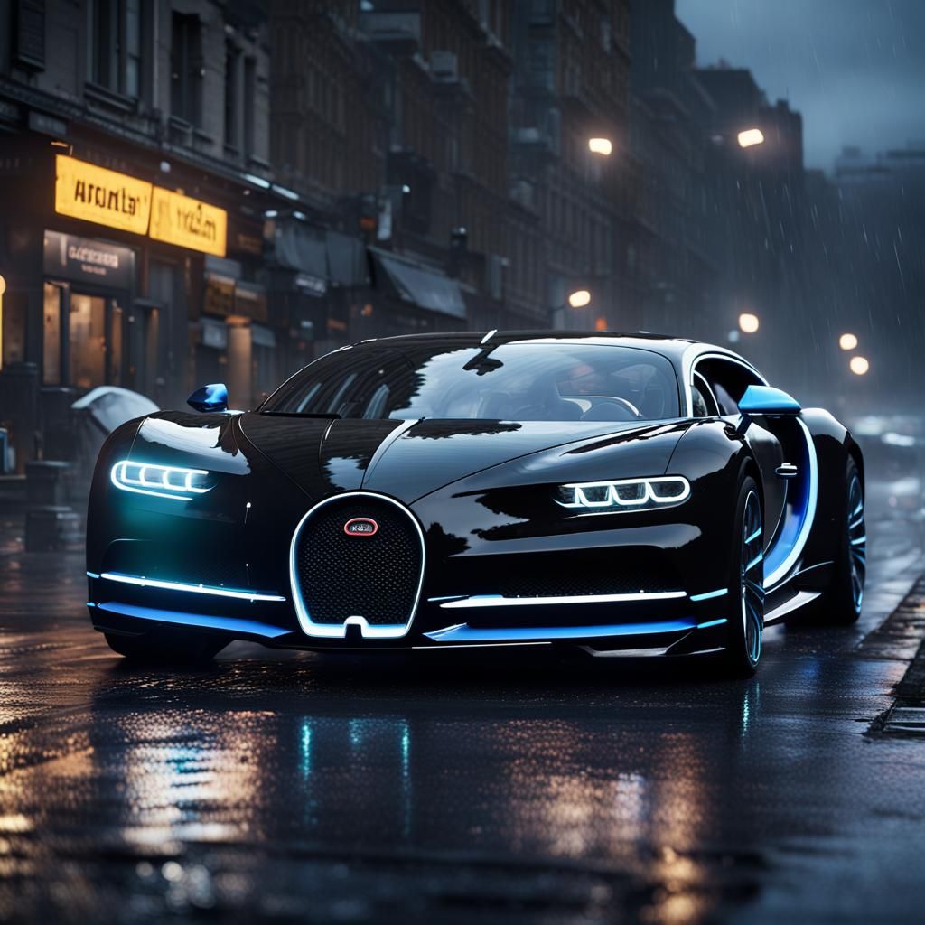 Bugatti Chiron in Dark Neon City Storm, 4K