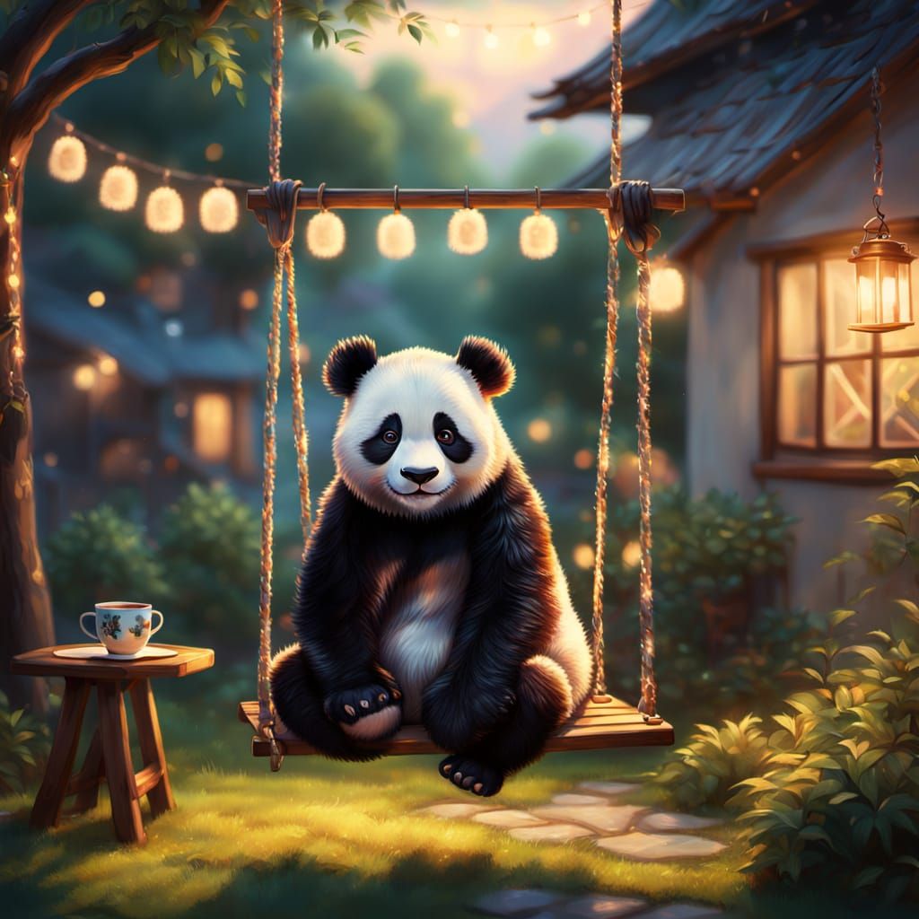 Panda Sits on a Swing Drinking Tea in Warm Evening Light