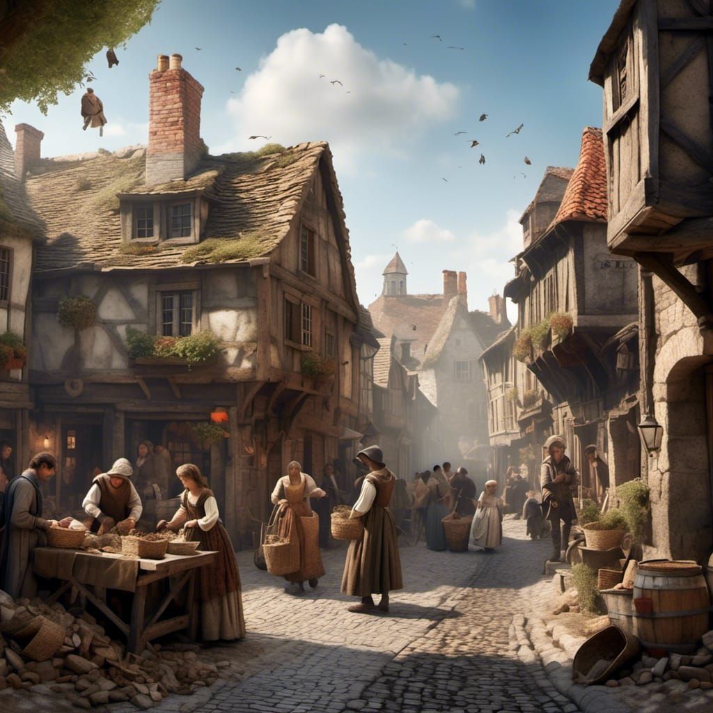 Medieval Street Scene with People in Period Dress