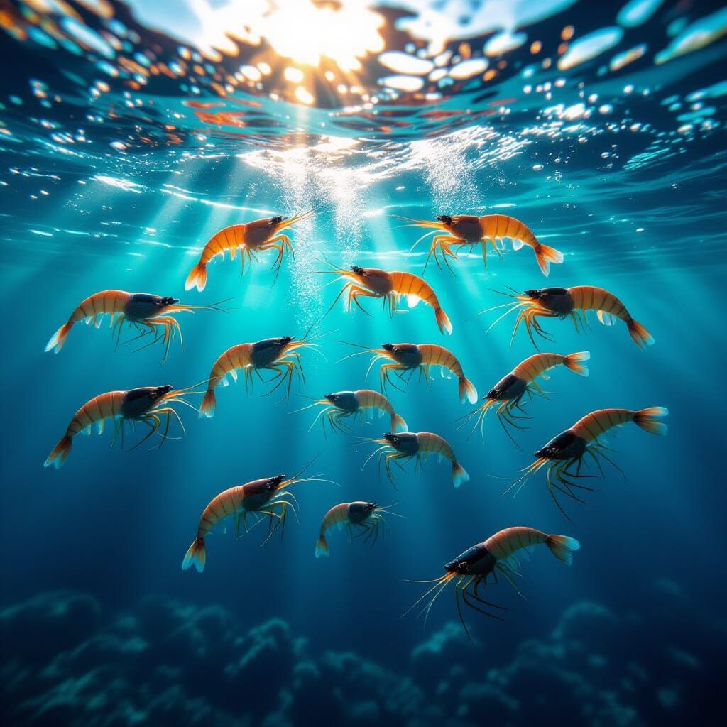 Underwater Shrimp School in Hyperrealistic Cinematic Style