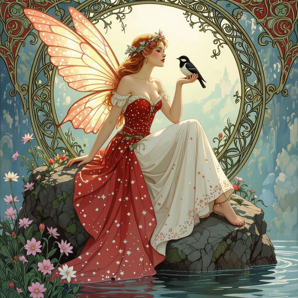 Beautiful Fairy with Bird in Art Nouveau Style