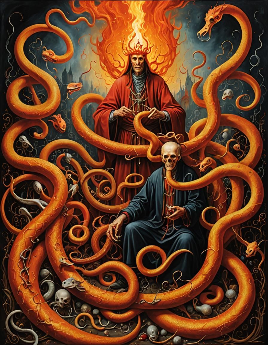 Snake Charmer at Hell's Gate: Expressive Oil Painting
