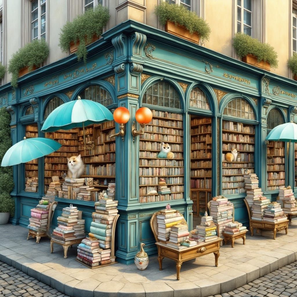Charming Parisian Bookstore with Cats in Impressionist Style