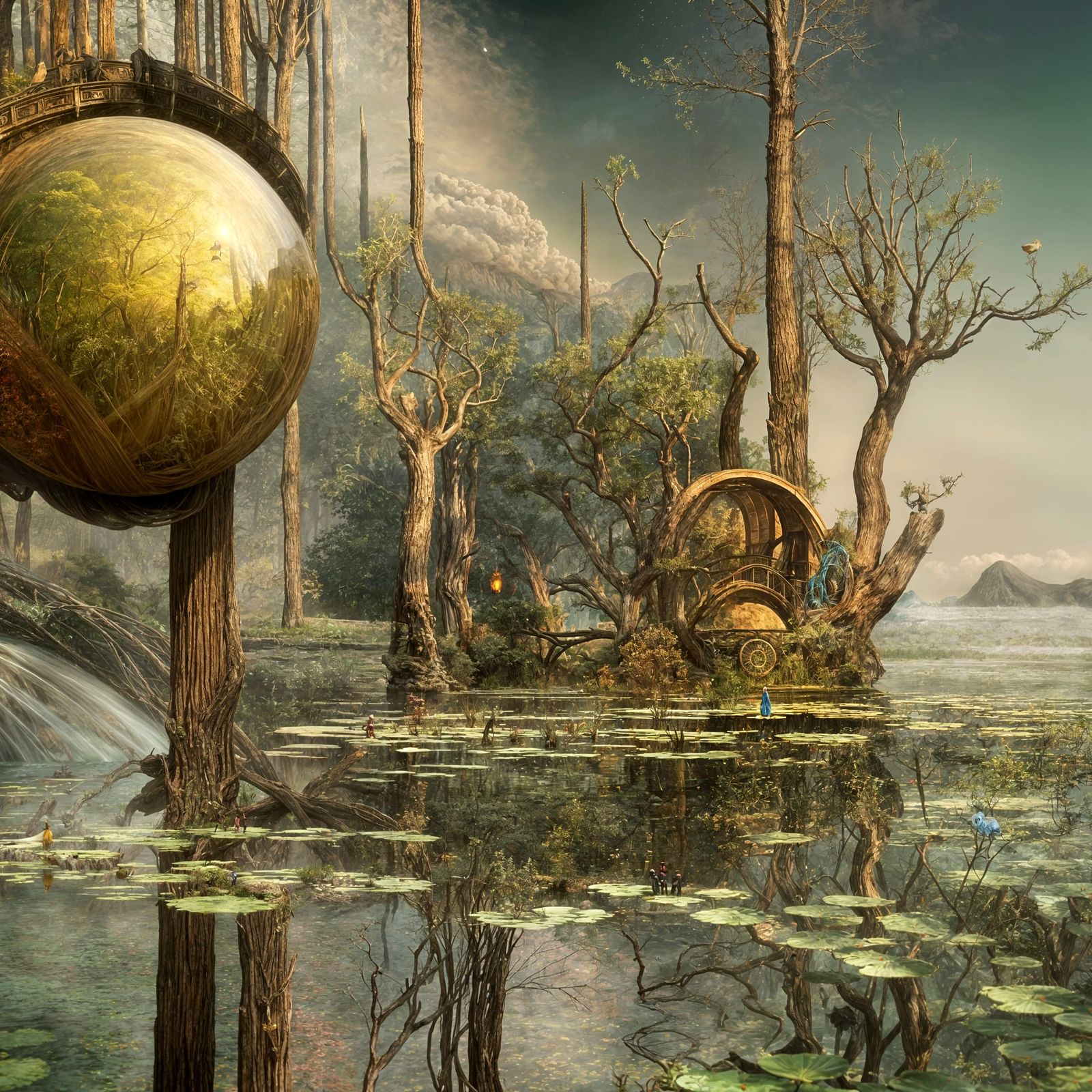 Biopunk Garden Landscape with Erupting Pond