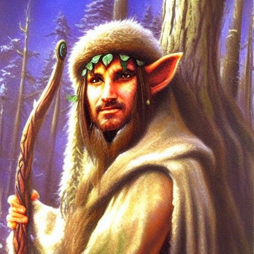 Elf Druid Bard in Moonlit Forest, Oil Painting