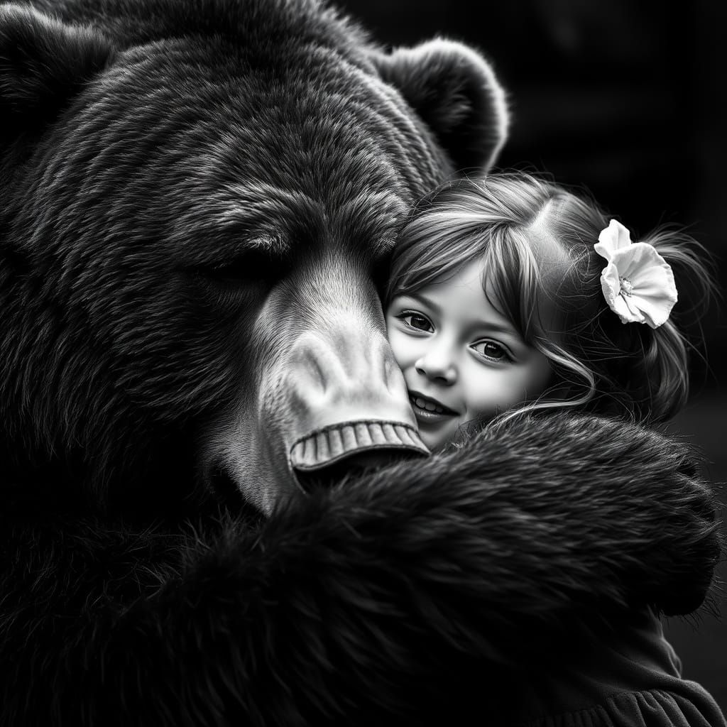 Black and White Portrait of a Girl Hugging a Grizzly Bear