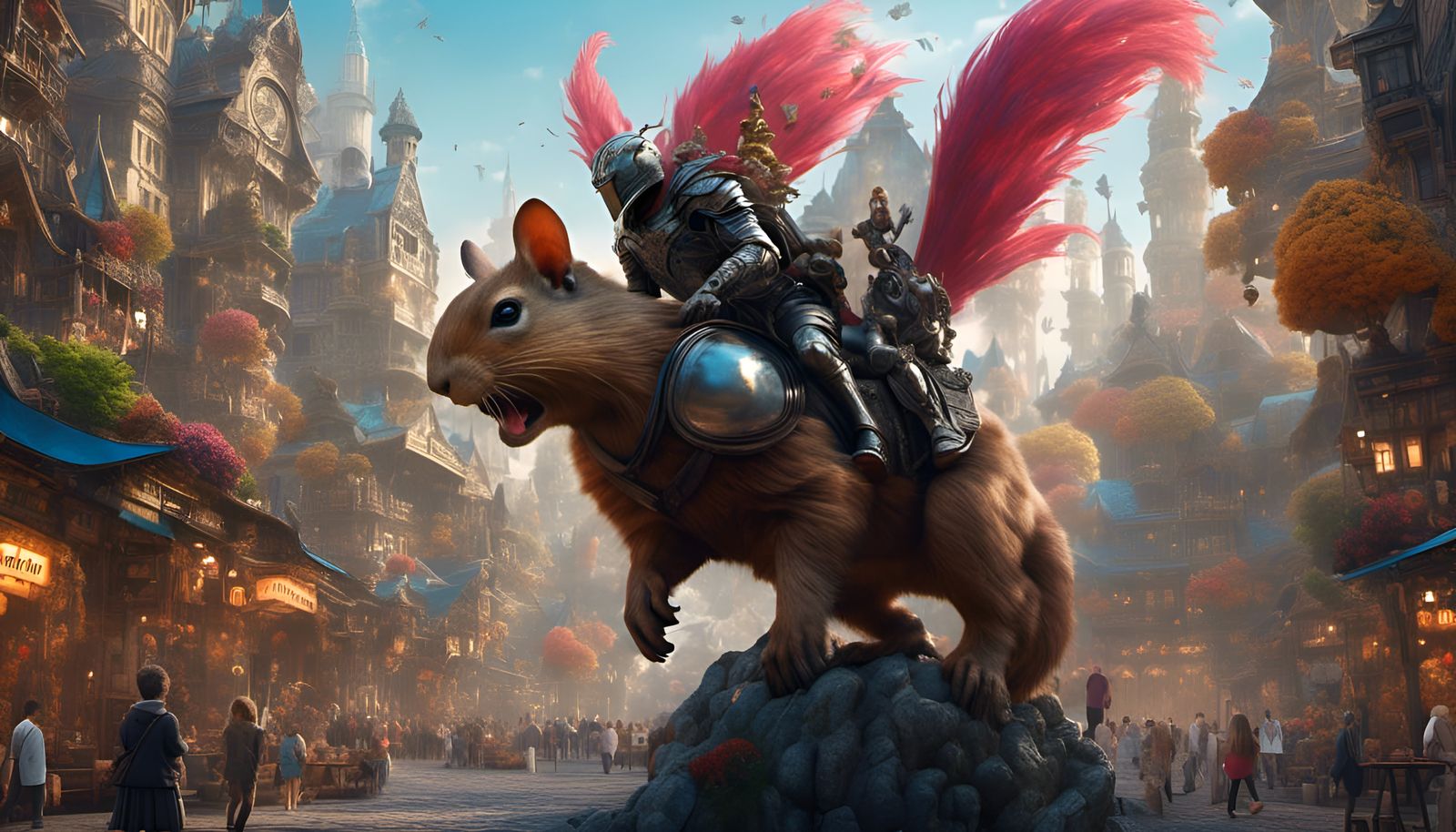 Cyber Knight Rides Giant Squirrel in Fantasy City