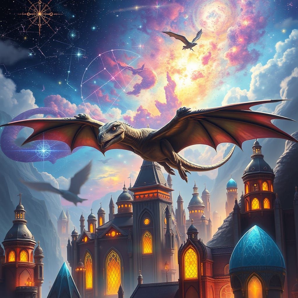 Pterodactyl Soaring Over Celestial Fantasy City