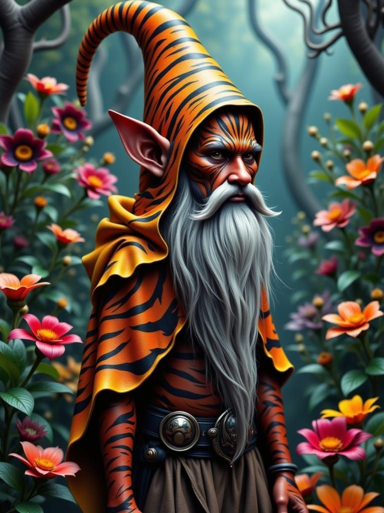 Tiger-striped Gnome in Enchanted Garden, Digital Art