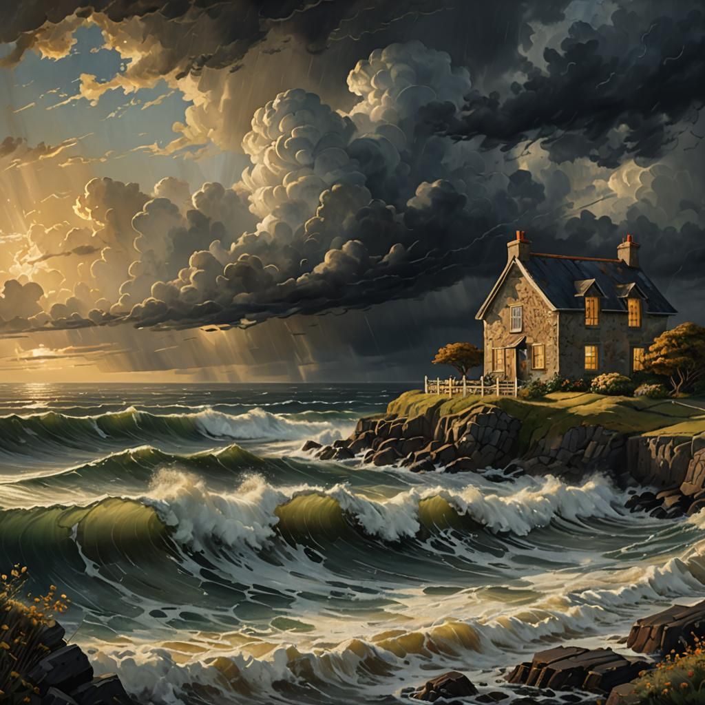 Seaside Cottage Survives Approaching Storm, Oil on Canvas