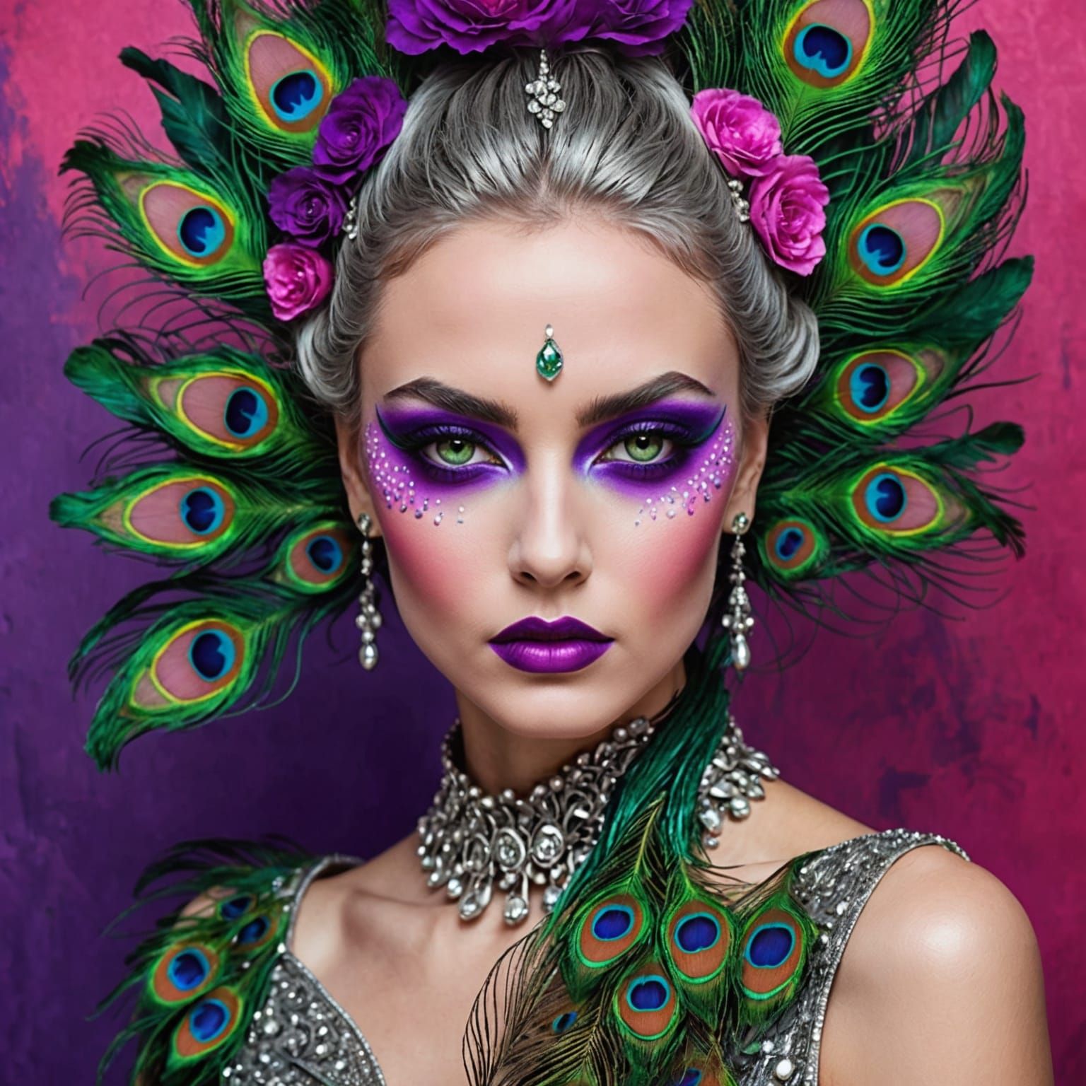 Abstract Woman with Peacock Hair and Pink Skin