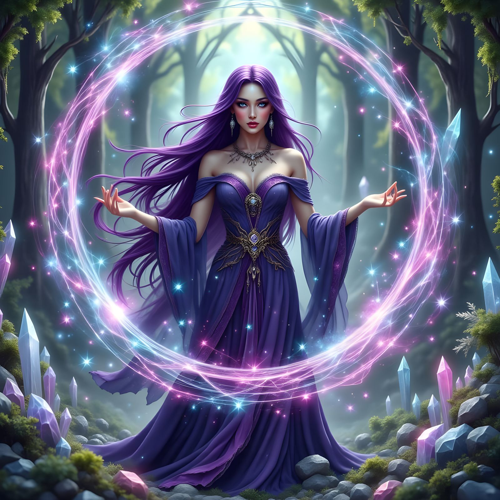 Mysterious Sorceress Summons Vortex in Art Nouveau Style