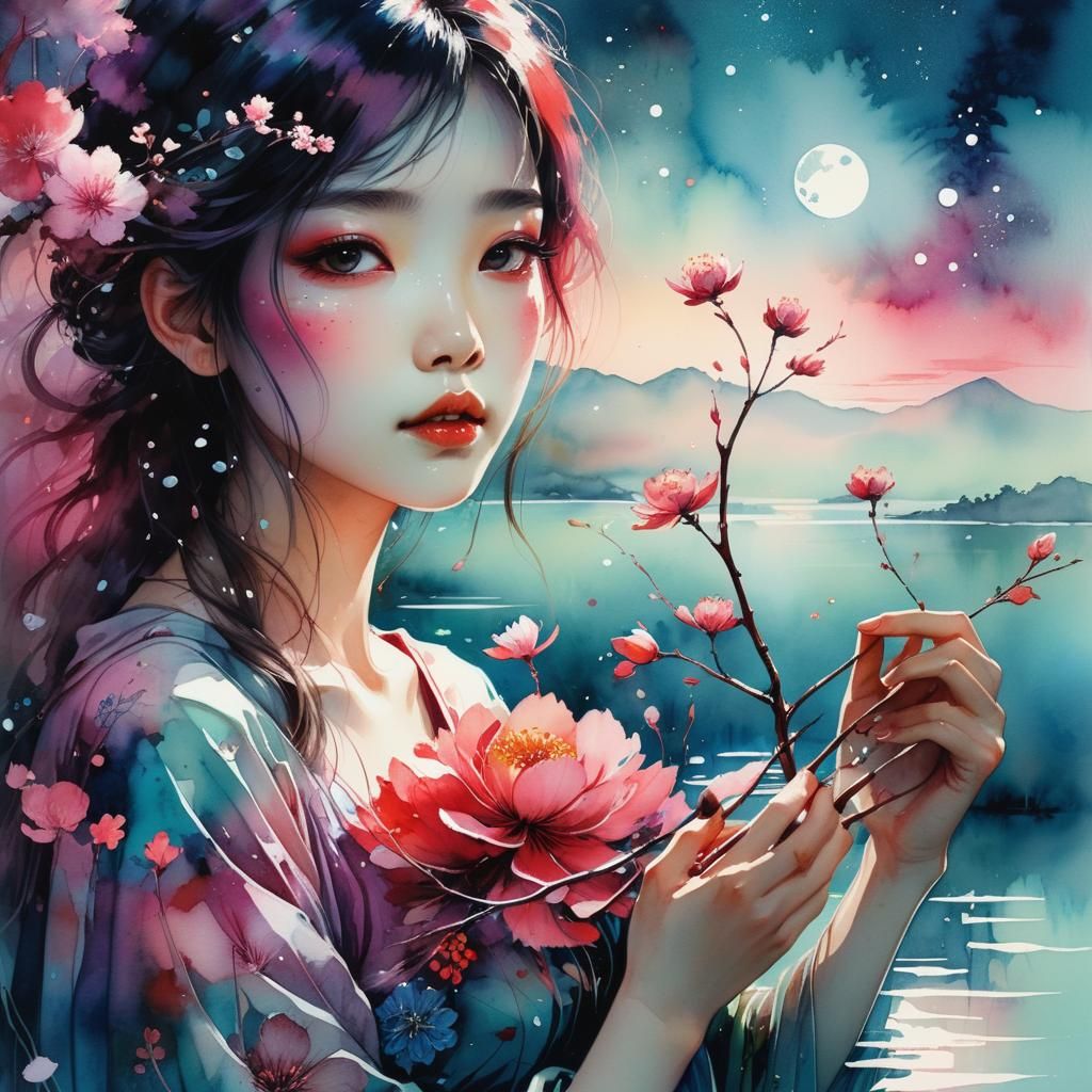 Dreamy Lake Glade at Night in Watercolor Style