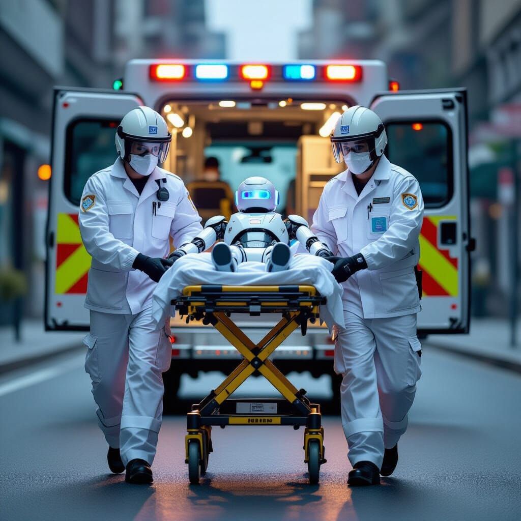 Paramedics Transporting Injured Robot in Futuristic Ambulanc...