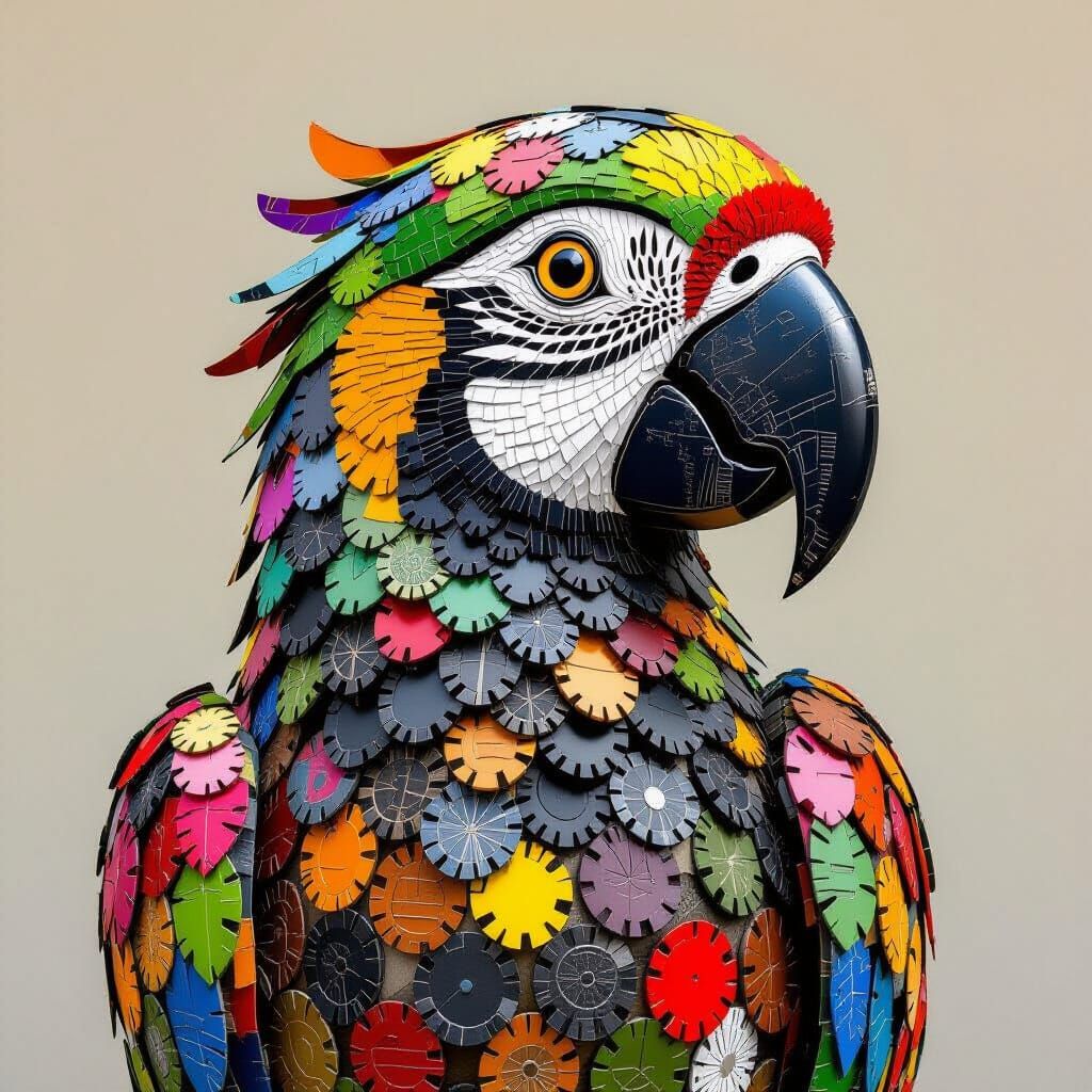 Tire Waste Parrot Statue in Assemblage Art Style