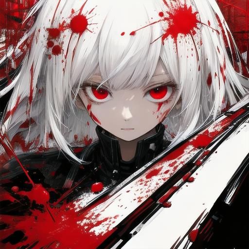 Girl with White Hair Soaked in Blood
