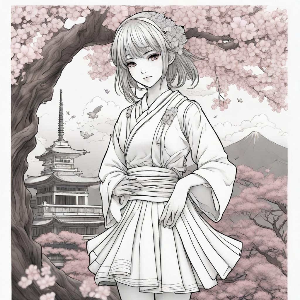 Anime Girl Coloring Page with Cherry Blossoms