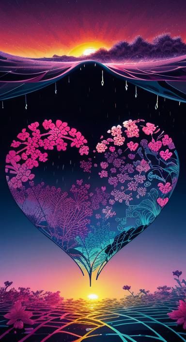 Double Exposure Hearts: Rainy Sunset Flowers in Manga Style