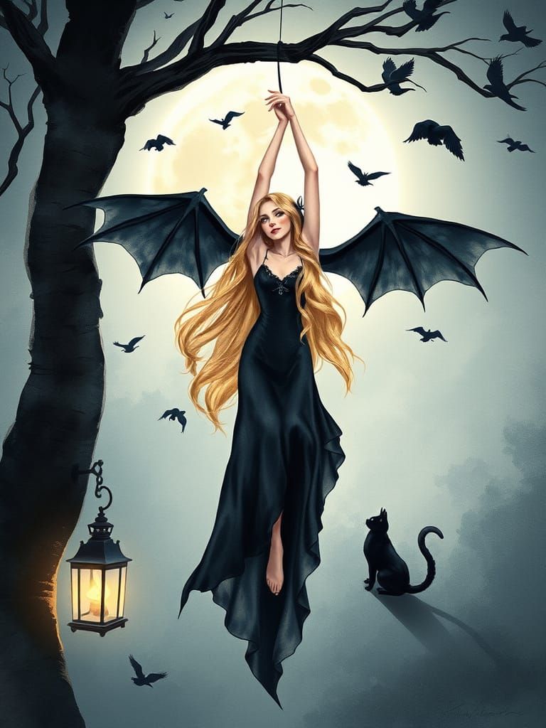 Mystical Gothic Woman With Bat Wings In Moonlit Forest