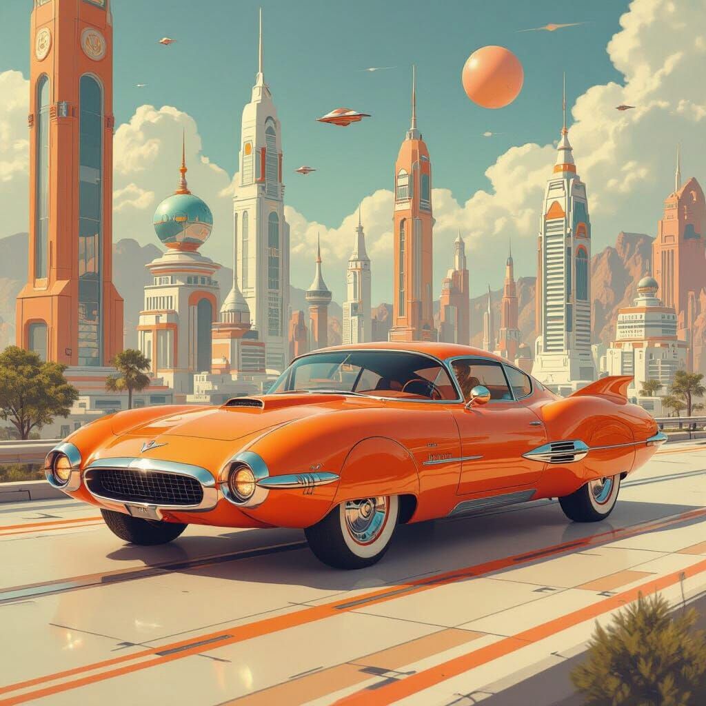 Retro Futurism Orange Cityscapes with Sci-Fi Vehicles