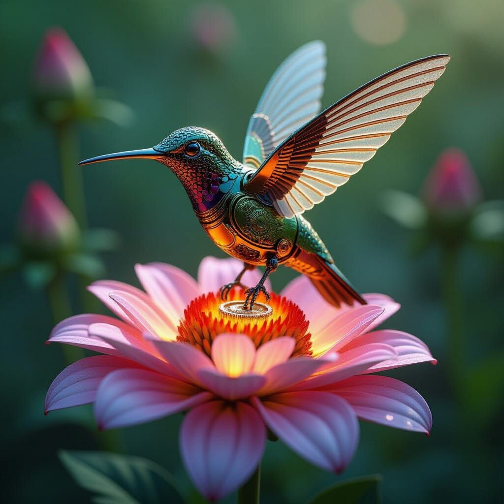 Mechanical Hummingbird on Bioluminescent Flower, Steampunk A...