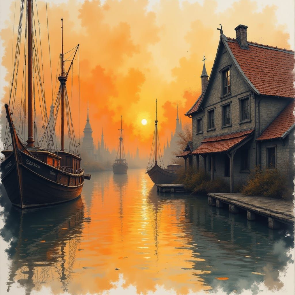Old Dutch Harbour at Sunset in Watercolor Style