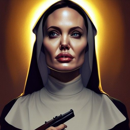 Hyperdetailed Nun with Gun Portrait in Art Nouveau Style