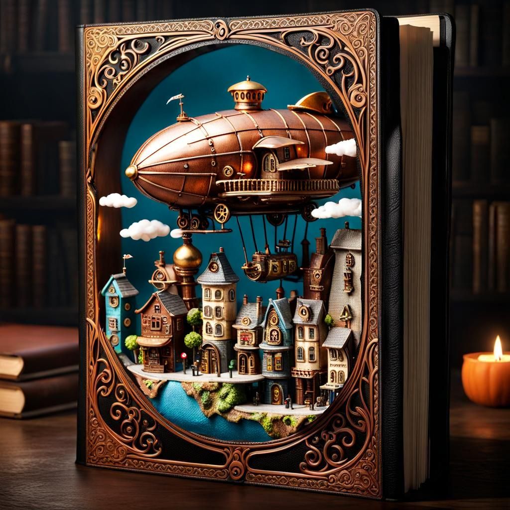 Whimsical Steampunk City with Airship