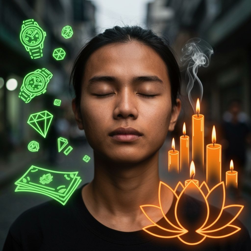 Serene Face with Contrasting Neon Symbolism