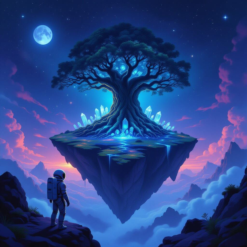 Astronaut Gazes at Ancient Tree on Floating Island in Space