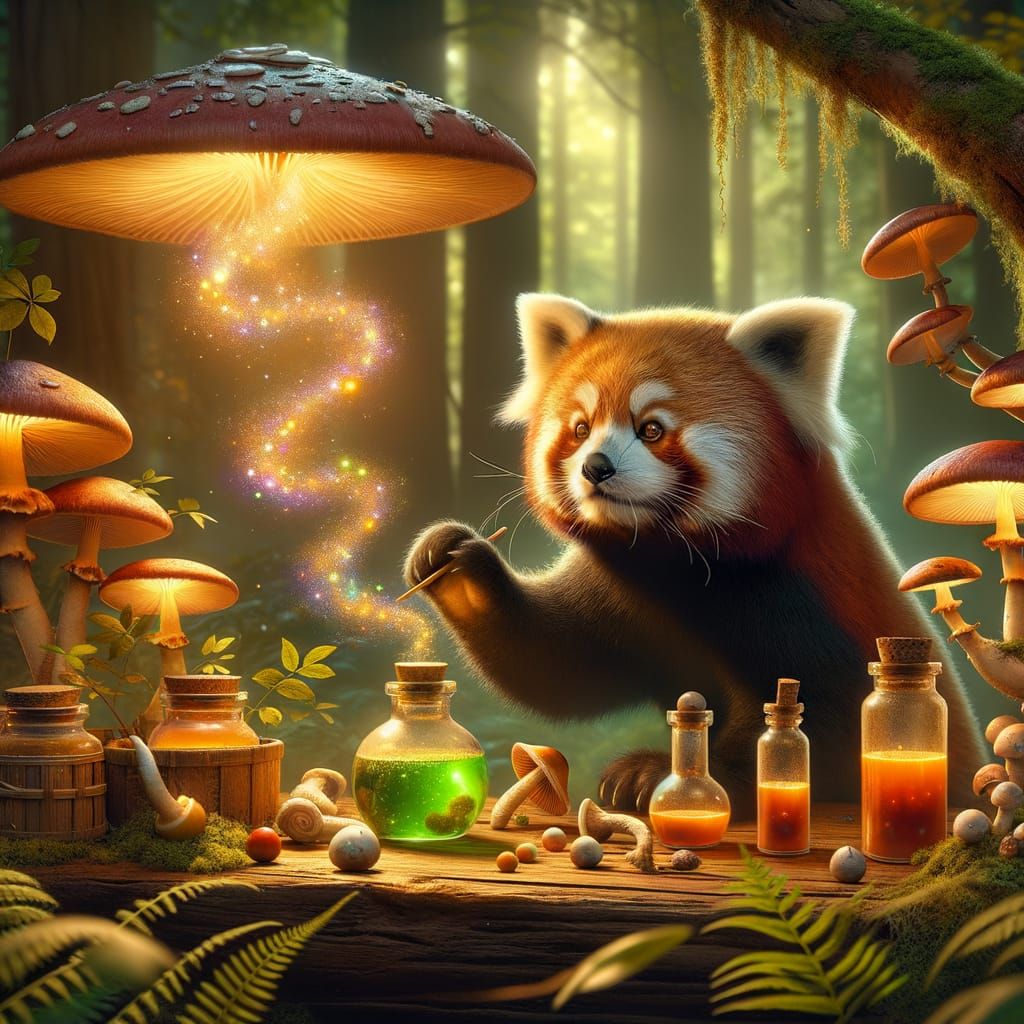 Red Panda Mages Brew Potions in Secret Woodland Lab