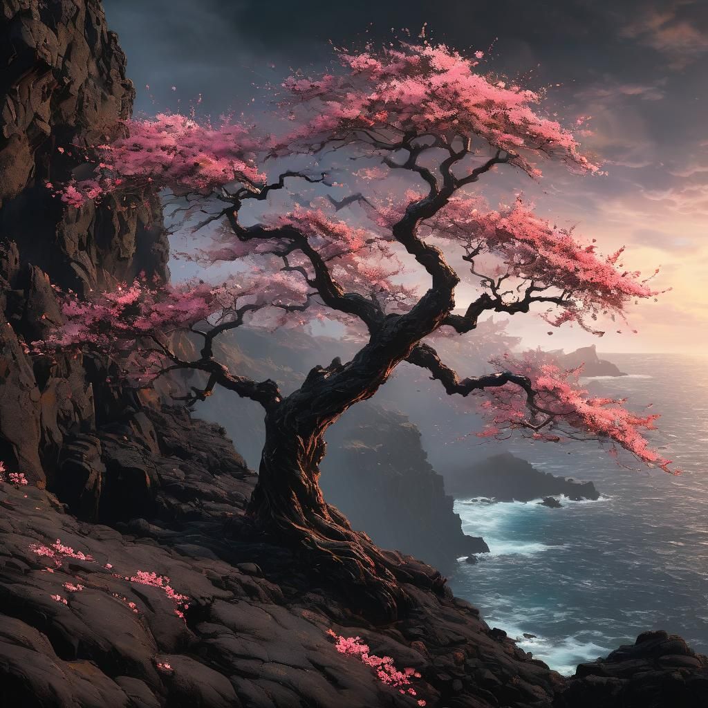 Sakura Tree in Lava Landscape, Oil and Watercolor