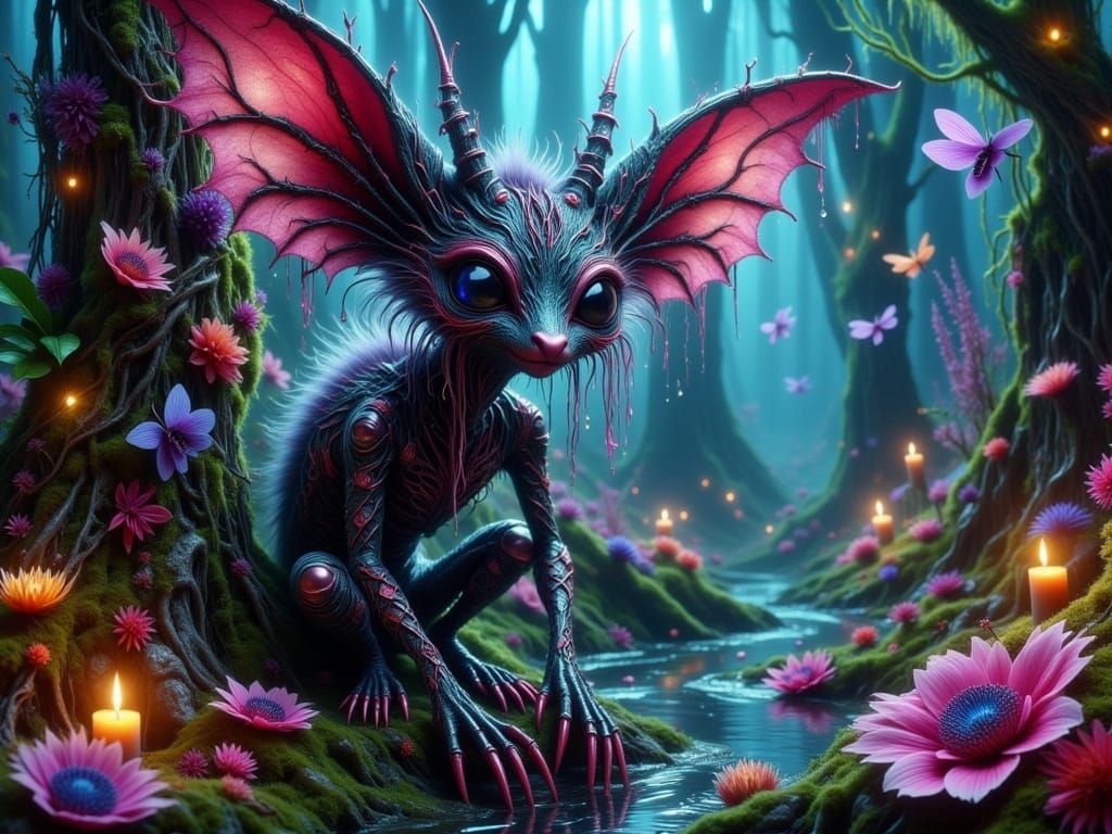 Whimsical Dark Fantasy Creature Ascends Lush Swamp