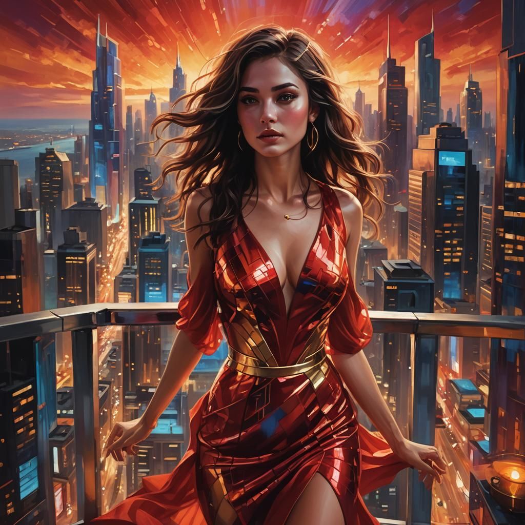 Brunette Dancing on Balcony Overlooking Futuristic City