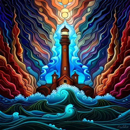 Gothic Lighthouse in Stormy Sea, Art Nouveau Illustration