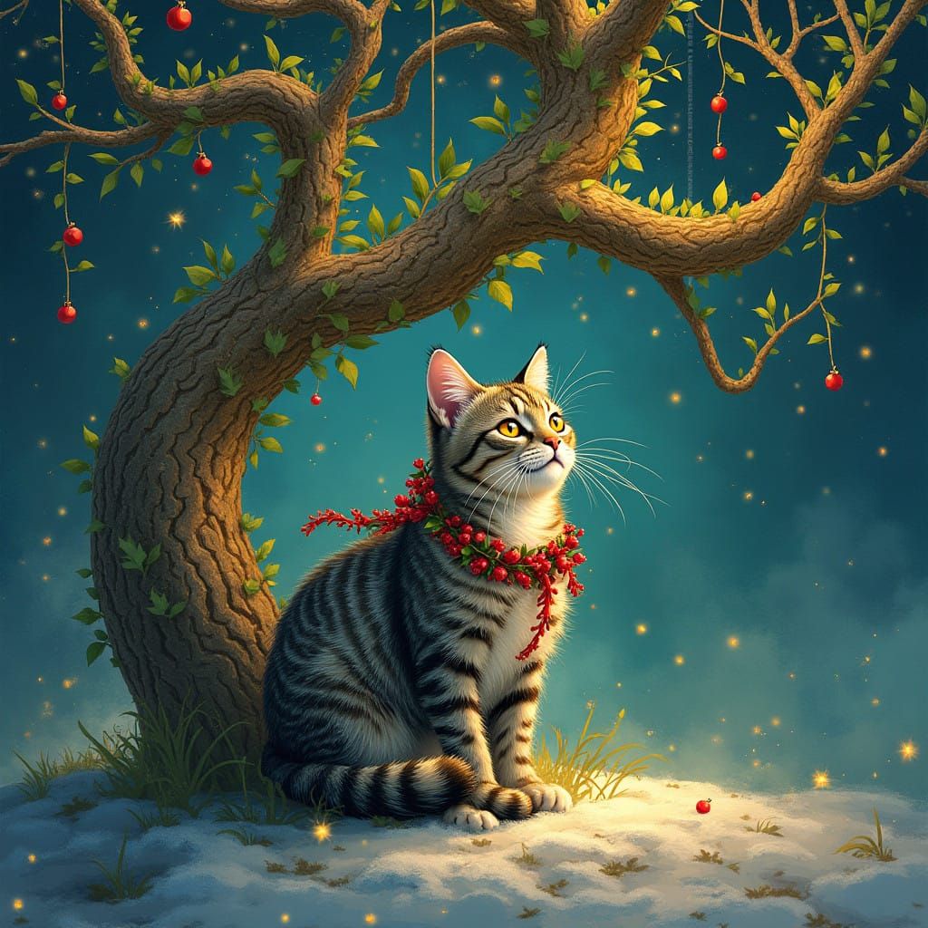 Surreal Christmas Cat Reigns Amidst Twisted Holiday Tree