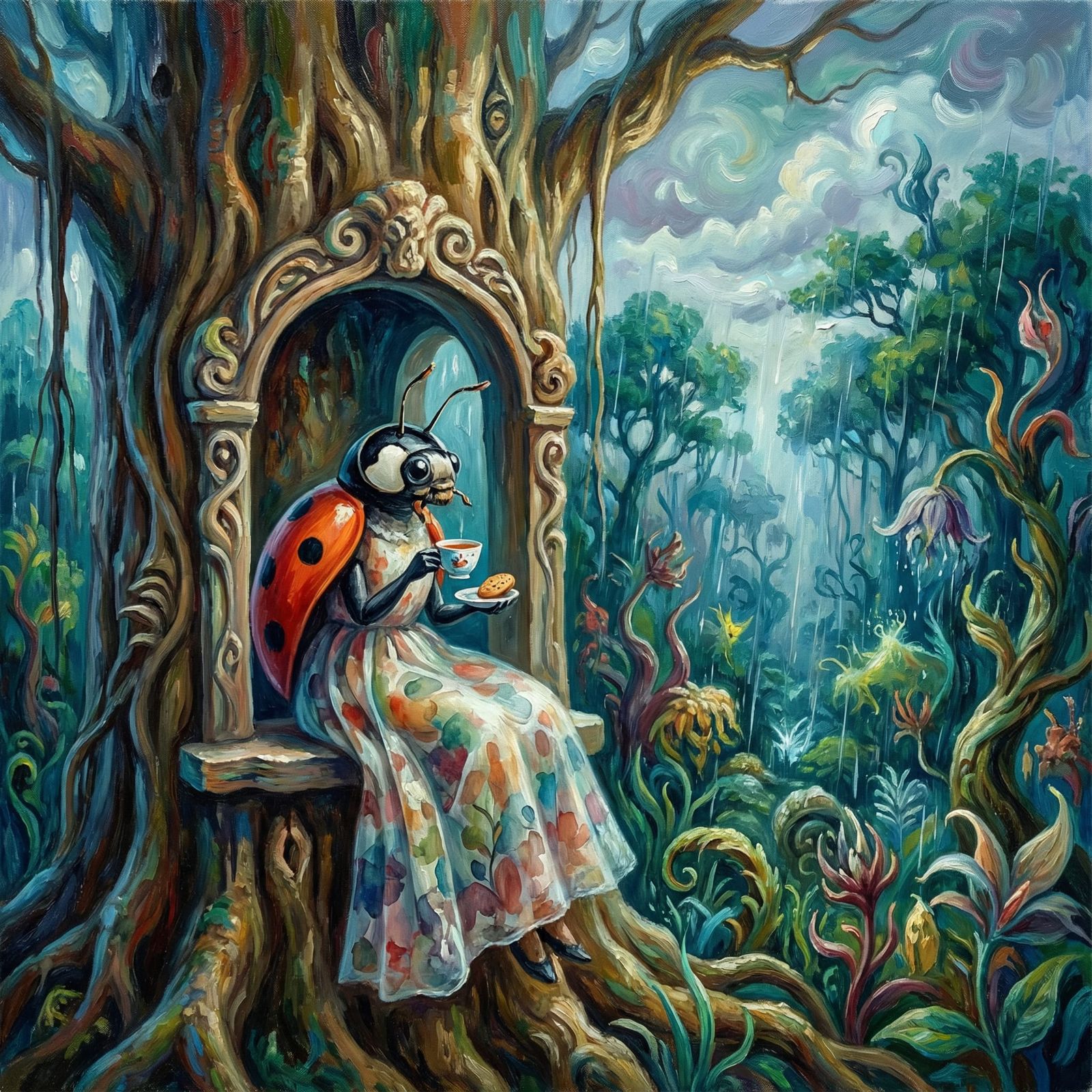 Anthropomorphic Ladybug Enjoys Tea in Surreal Forest