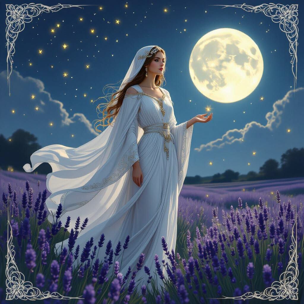 Moon Priestess in Lavender Field: Art Nouveau Mysticism