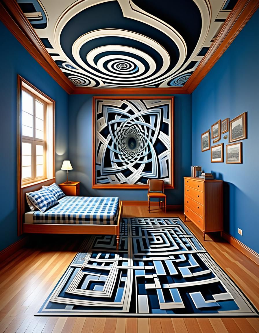 Escher-esque Plaid Bedroom Mural in 3D