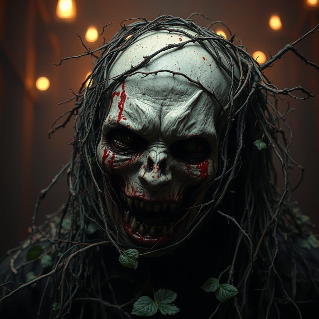 Terrified Head Wrapped in Thorns in Horrorcore Style