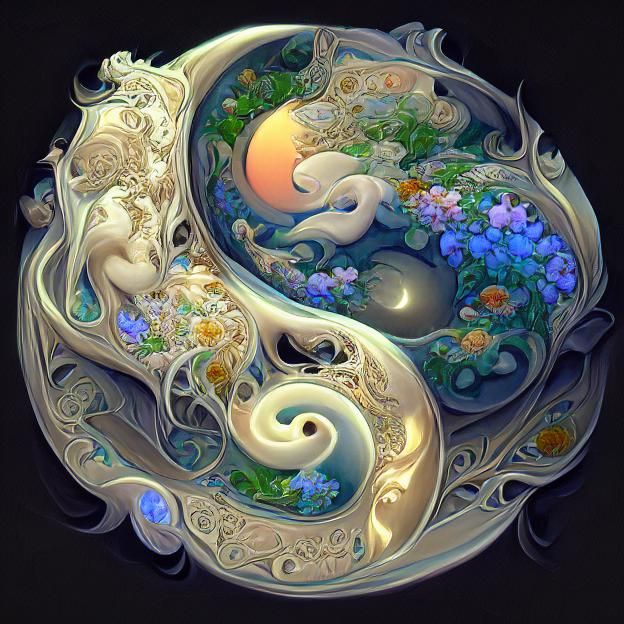 Elegant Yin Yang Sun and Moon in Art Nouveau Style
