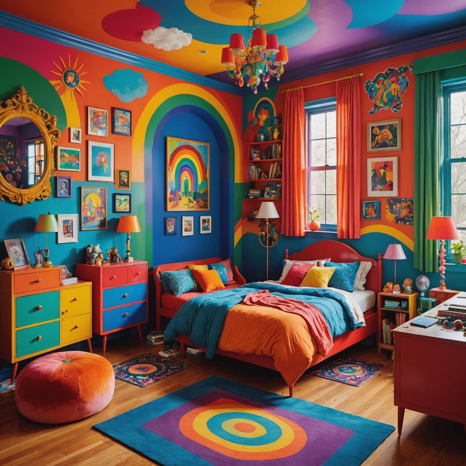 Vibrant Rainbow Bedroom Hideaway in Whimsical Art Deco Style