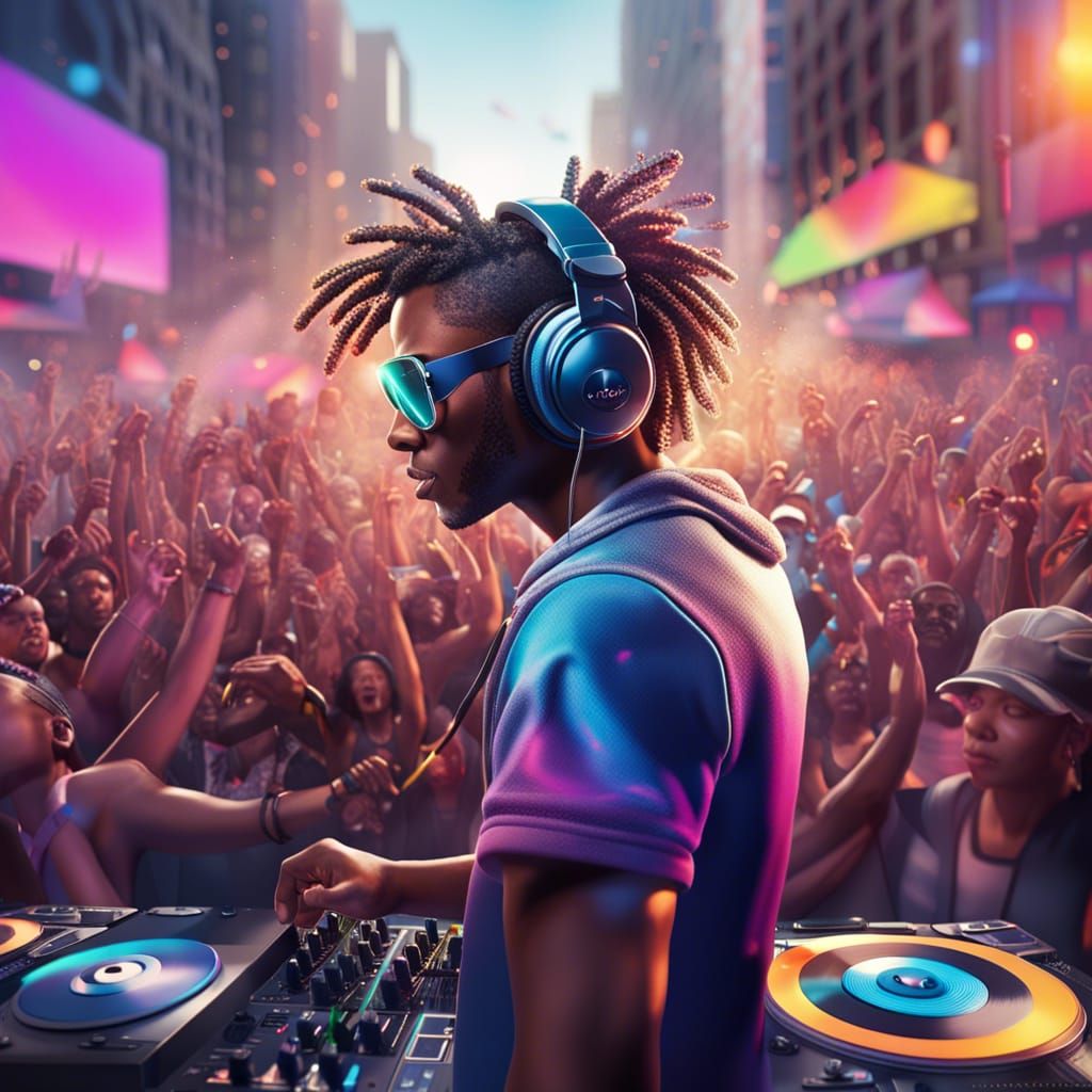 Hyperrealistic DJ Performance in City, 3D Render